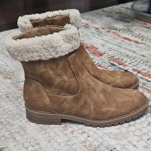 Tan faux suede booties with cream shearling